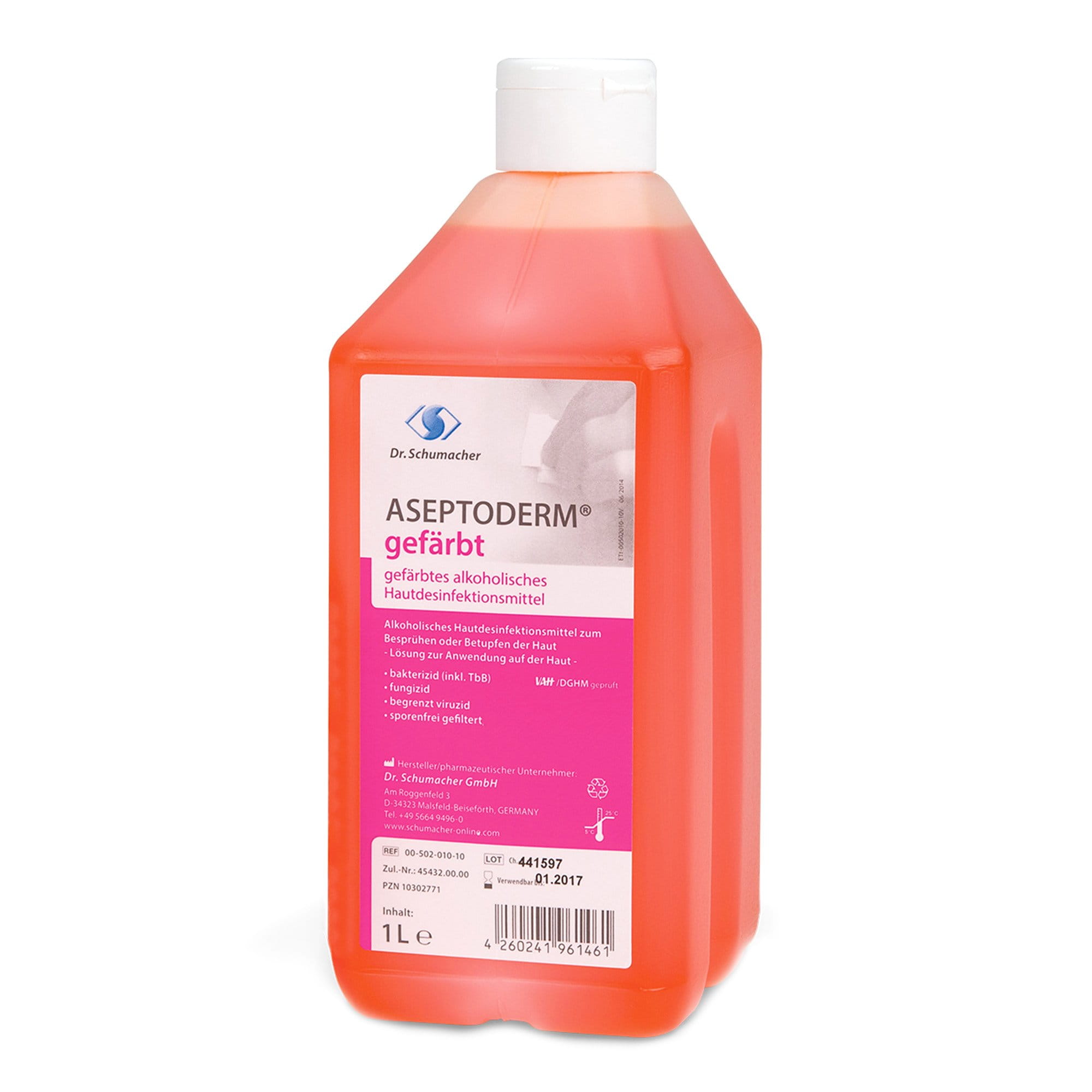 Dr. Schumacher Aseptoderm gefärbt - alkoholisches Hautdesinfektionsmittel 1 Liter Flasche 00-502-010-10_1