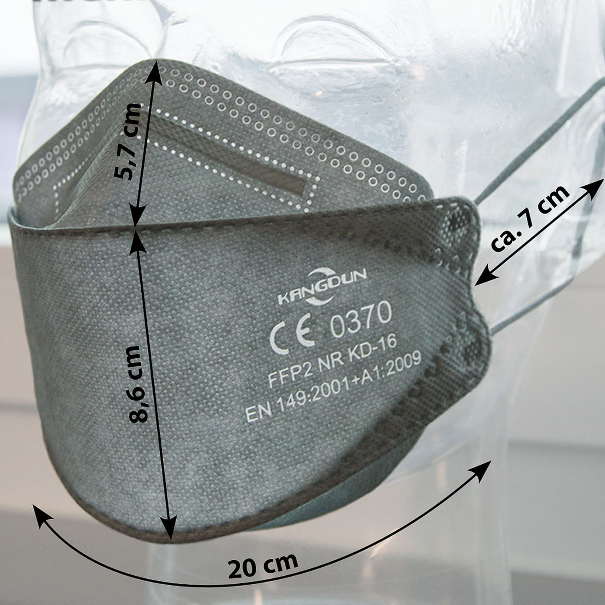 FFP2-Atemschutzmaske grau 3D in CE-Kennzeichnung der Maske CE-0370 GL52605-28-grau