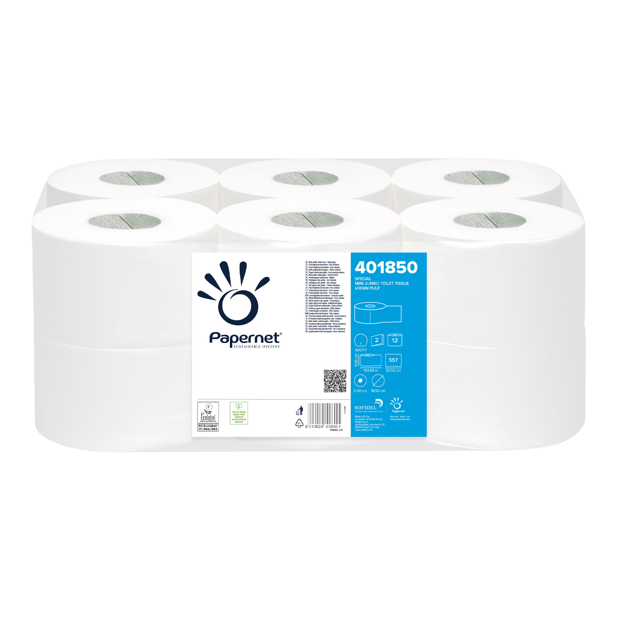 Papernet Toilettenpapier Mini Jumborolle weiß, 2-lagig, 170 Meter 12 Rollen 401850_1