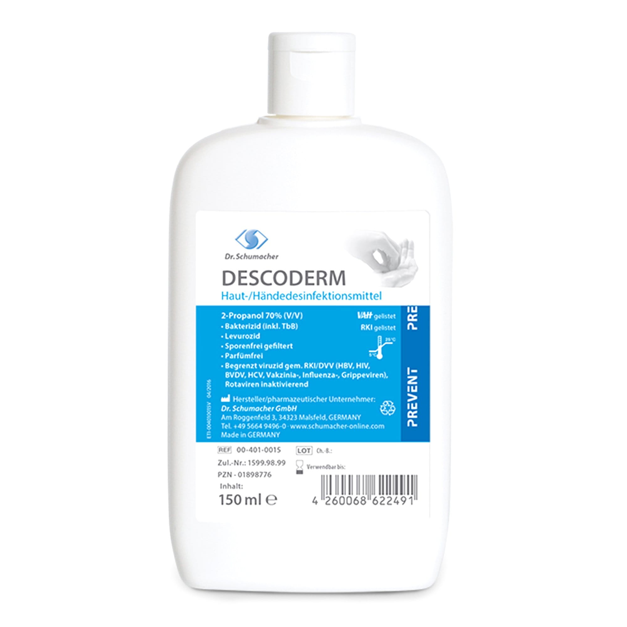 Dr. Schumacher Descoderm alkoholisches Hände- Hautdesinfektionsmittel 150 ml Kittelflasche 00-401-0015_1