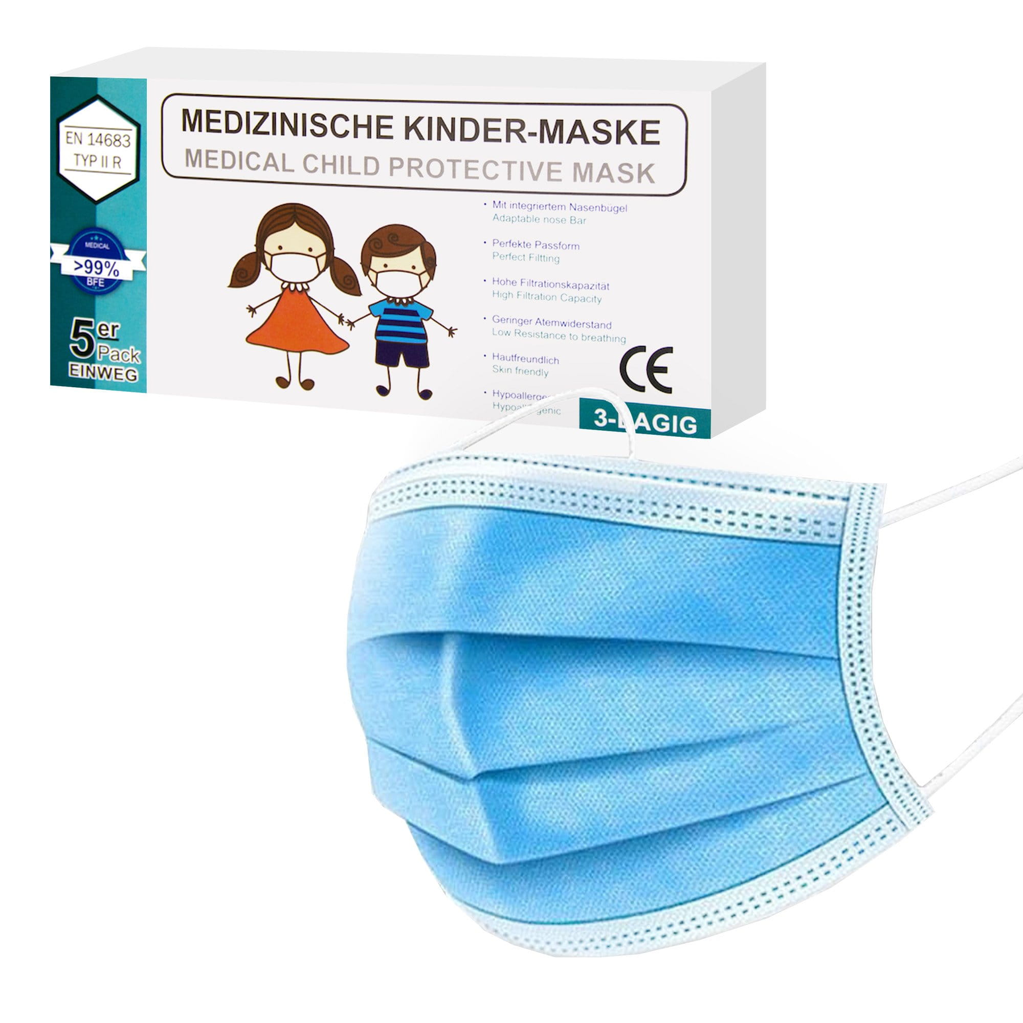 Kindermasken - Mundschutz Kinder Typ II R 3-lagig 50 Stück blau GL52602-24F_1